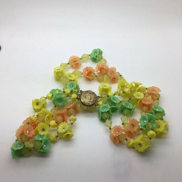 West Germany Plastic Flower Necklace Double Strand Cluster Floral Yellow Orange - Picture 3 of 4